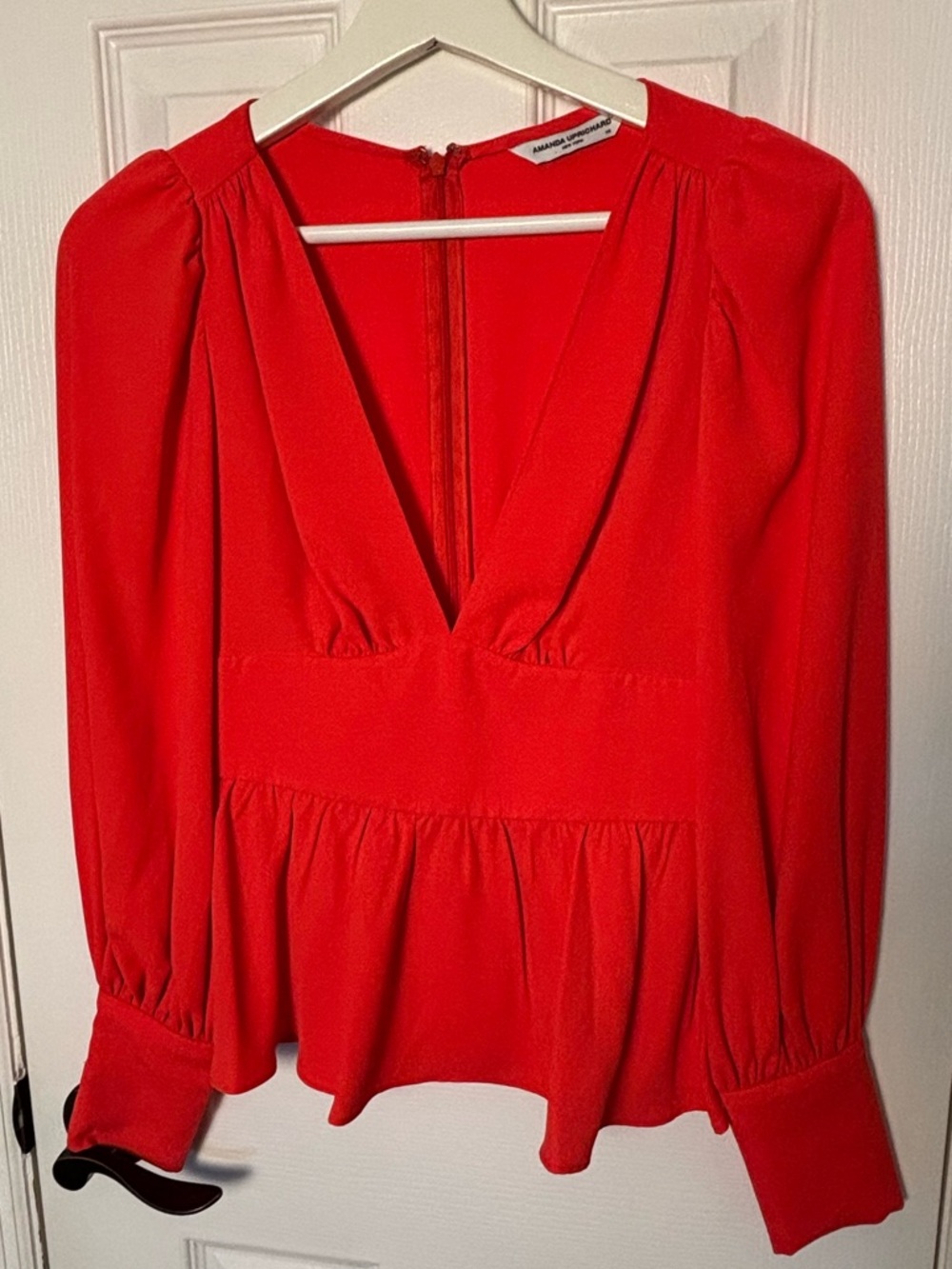 Amanda Uprichard Red V-Neck Peplum Blouse